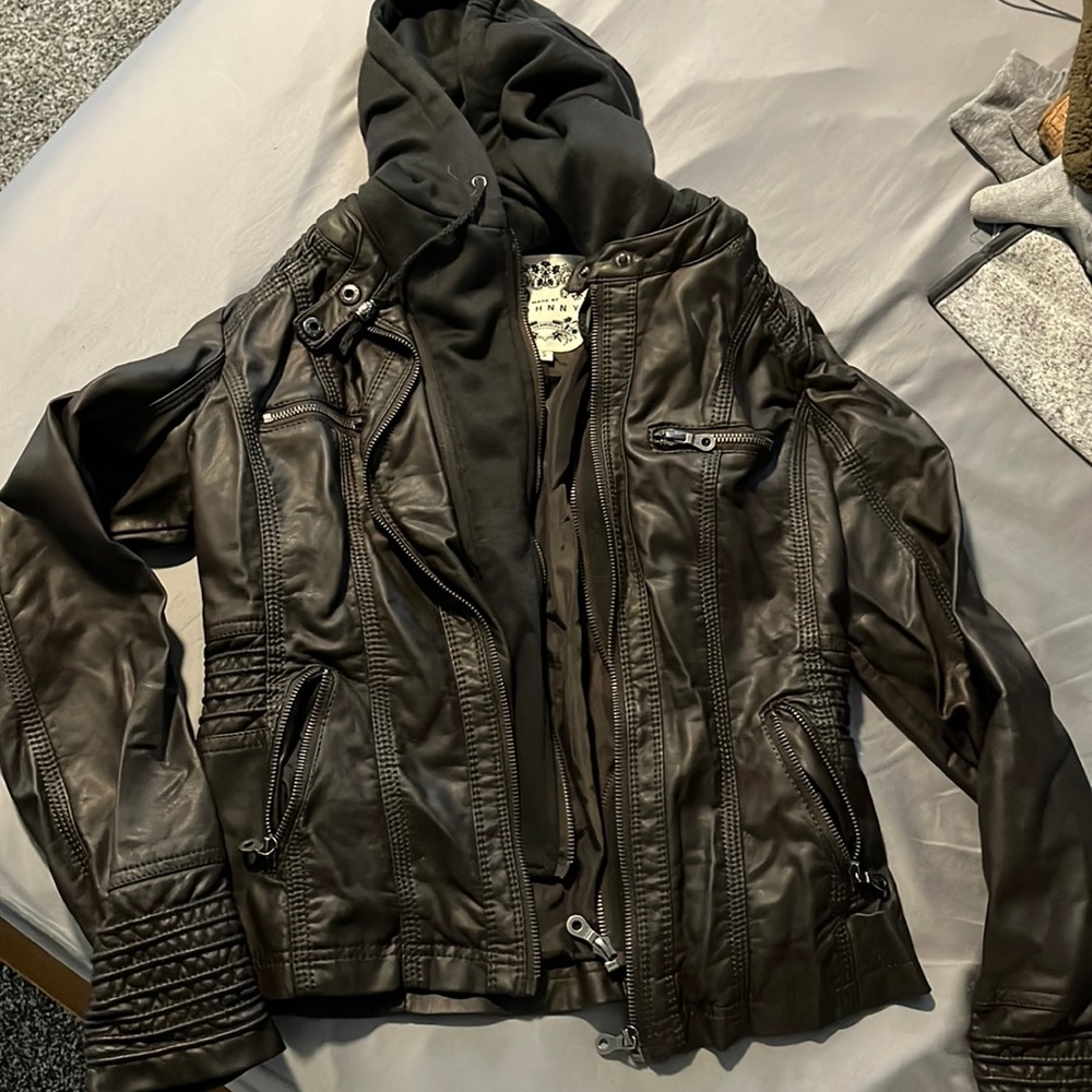 Faux Leather Jacket with Hood